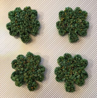 St. Patrick's Day Rice Crispy Treats shaped like 4 leaf clovers