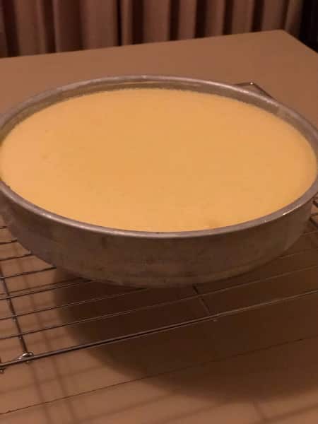 cheesecake cooling in its pan on a wire cooling rack