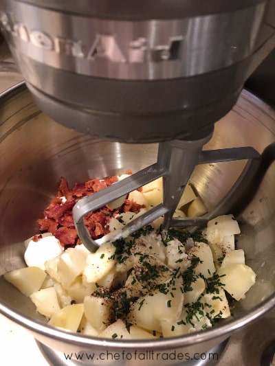 Mashed potato ingredients in a mixing bowl