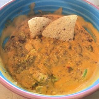 Best Queso Ever in a pink and blue bowl with 2 tortilla chips