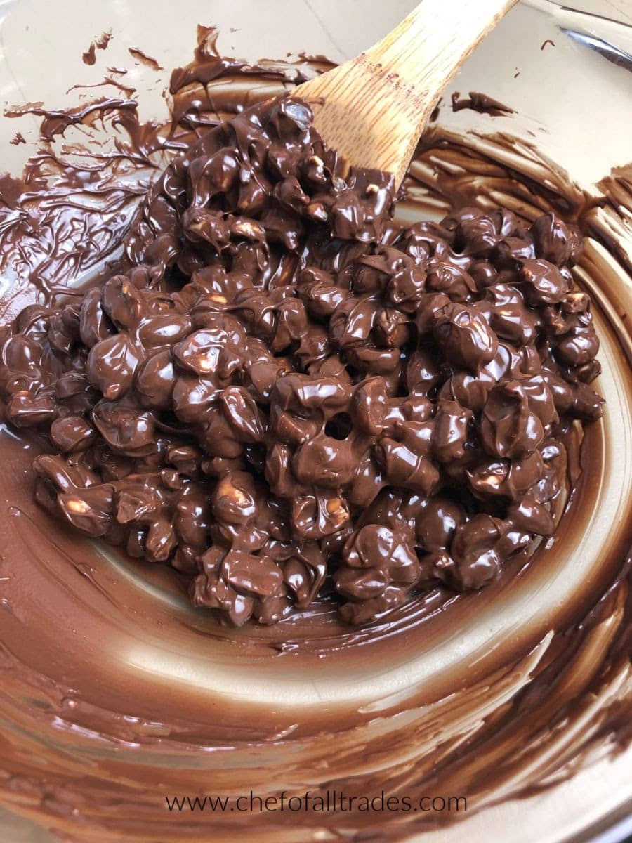 peanuts mixed into the melted chocolate