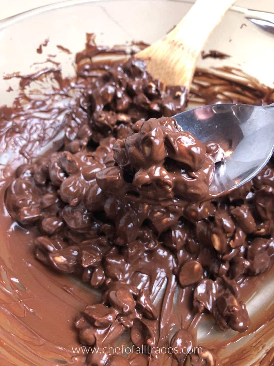 metal spoon scooping peanuts and melted chocolate