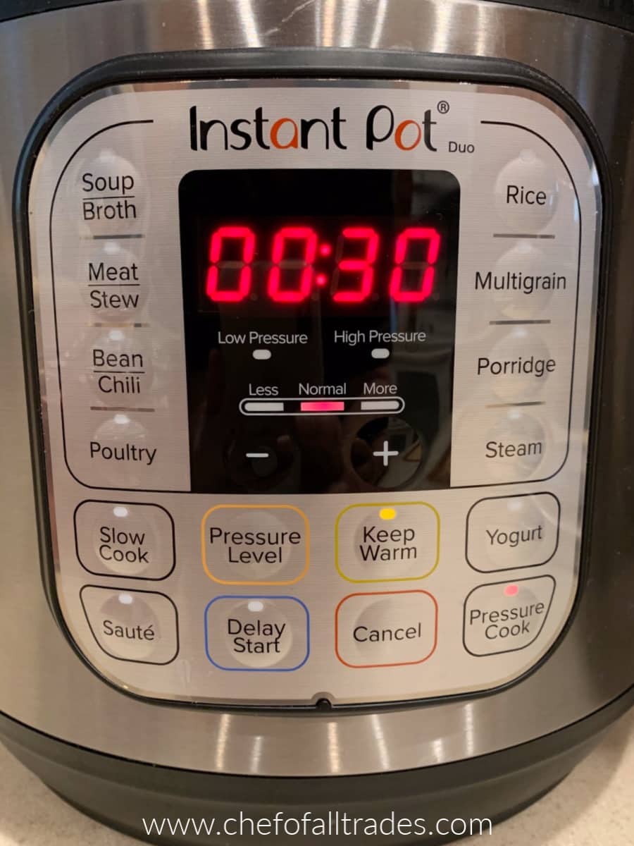 Instant pot timer set to high pressure for 30 mins