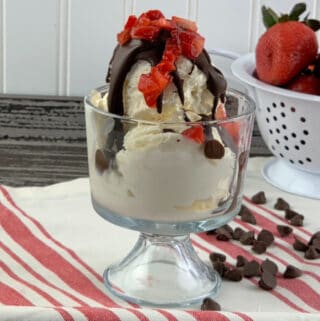 Sugar-Free Vanilla Ice Cream in a sundae dish covered in chocolate and strawberries