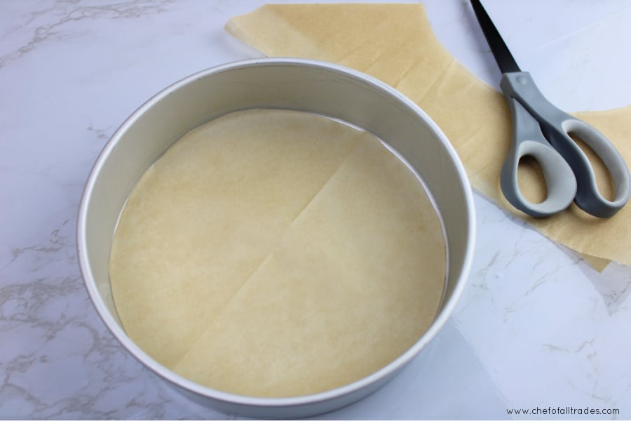 cut out parchment circle inside the circle cake pan