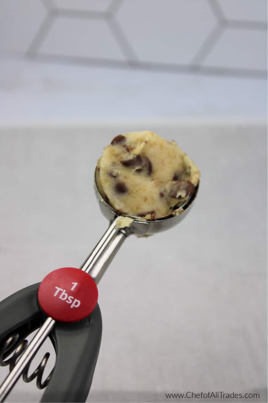chocolate chip cookie dough in a 1 tbsp cookie dough scoop