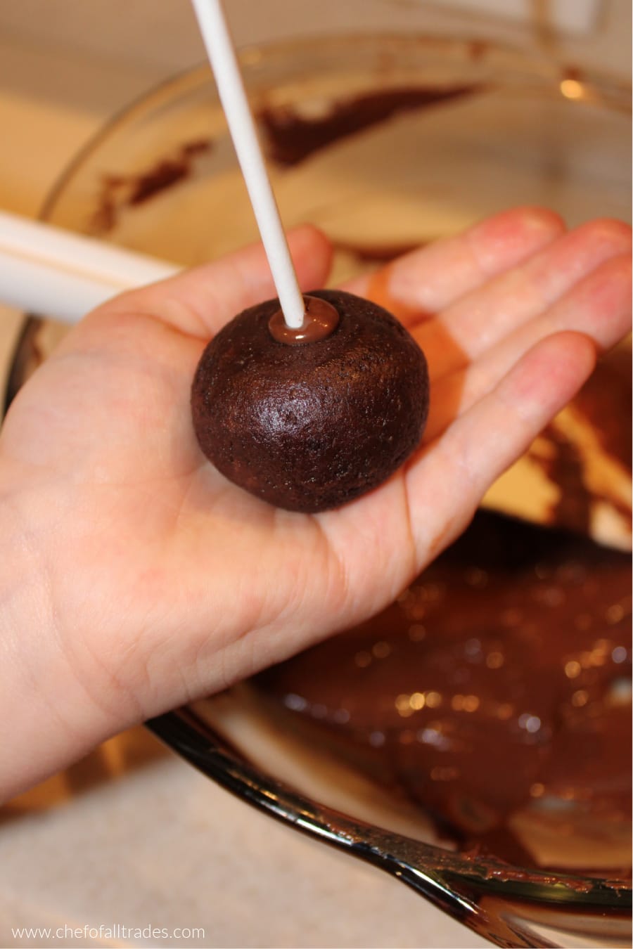 stick dipped in chocolate and inserted into the cake pop ball