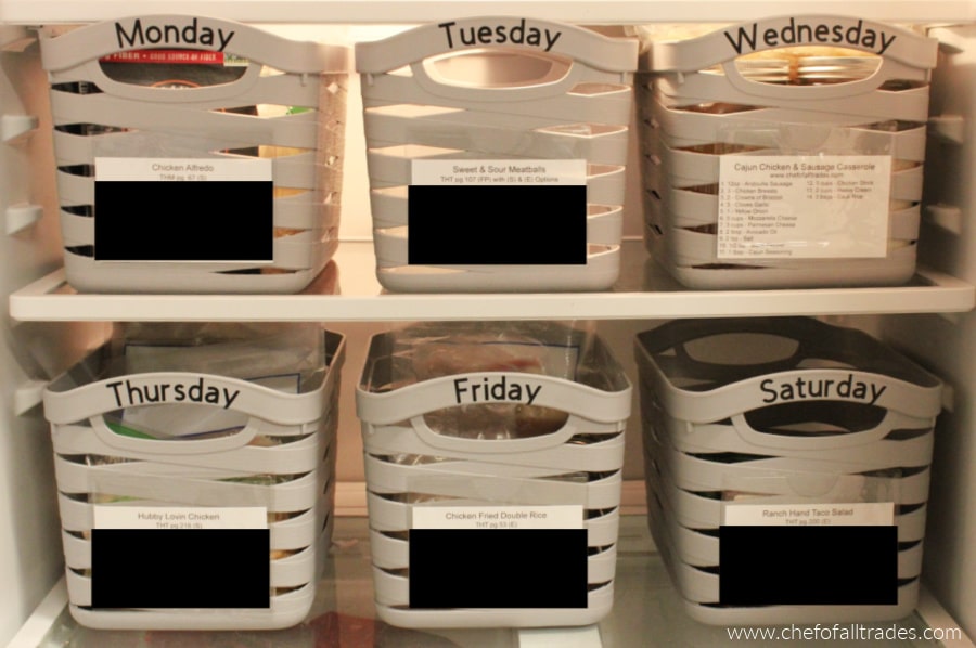 prepped meal baskets in the fridge