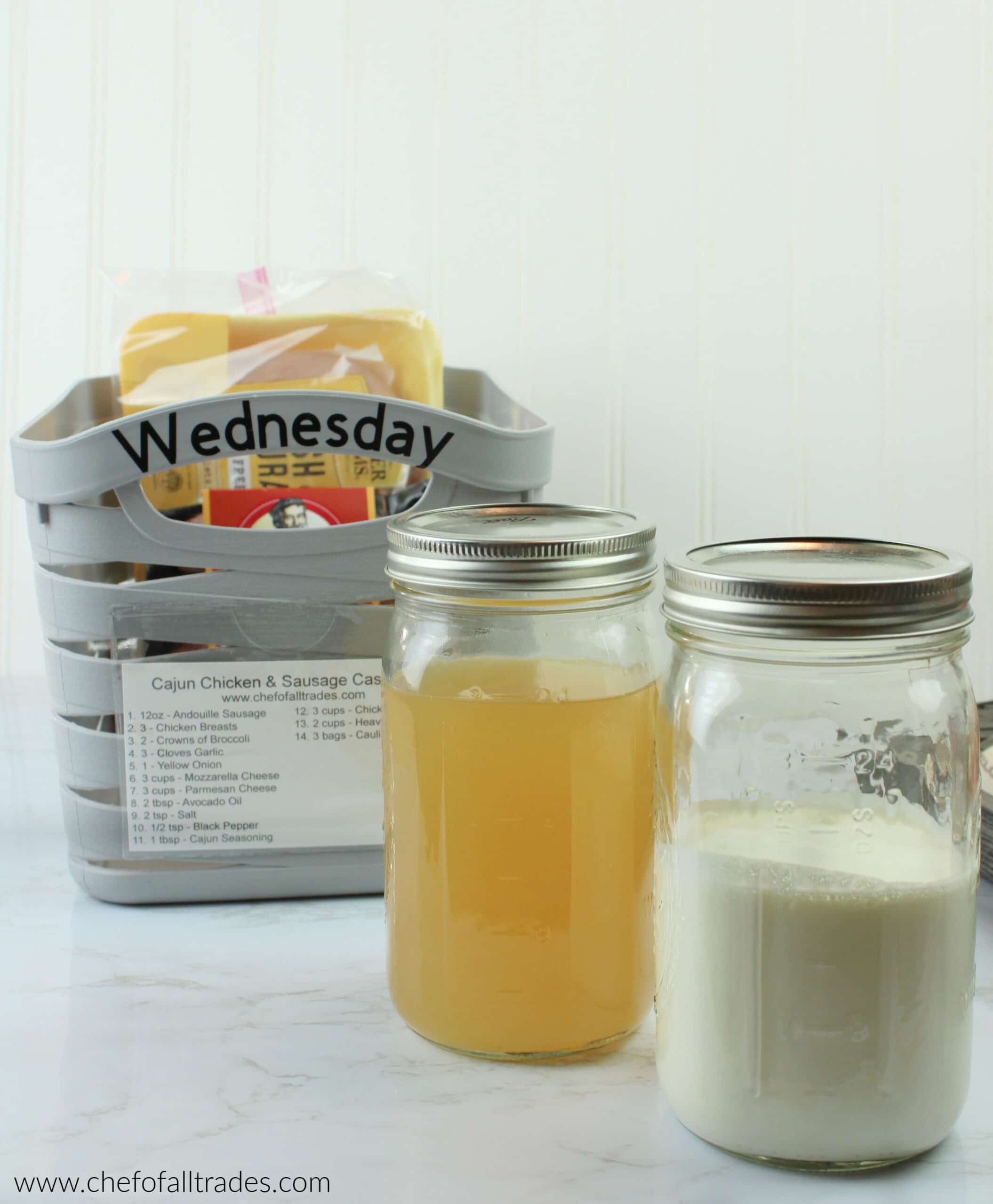 liquids in mason jars in front of a prep basket